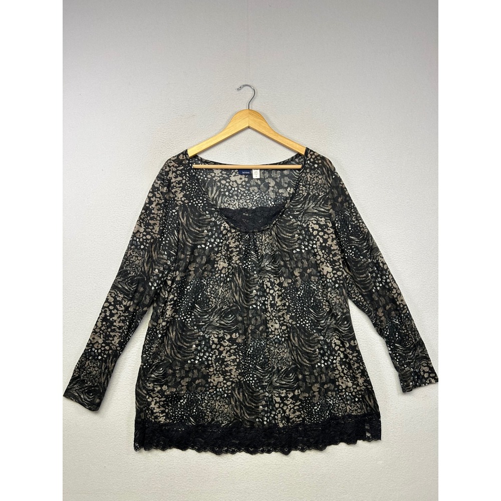 Whimsigoth Basic Editions Women 3X Black Animal Print Lace Trim Tunic Top Mob